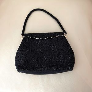 VTG 1950s Bugle seed Beaded Evening Purse beading intact metal scalloped closure